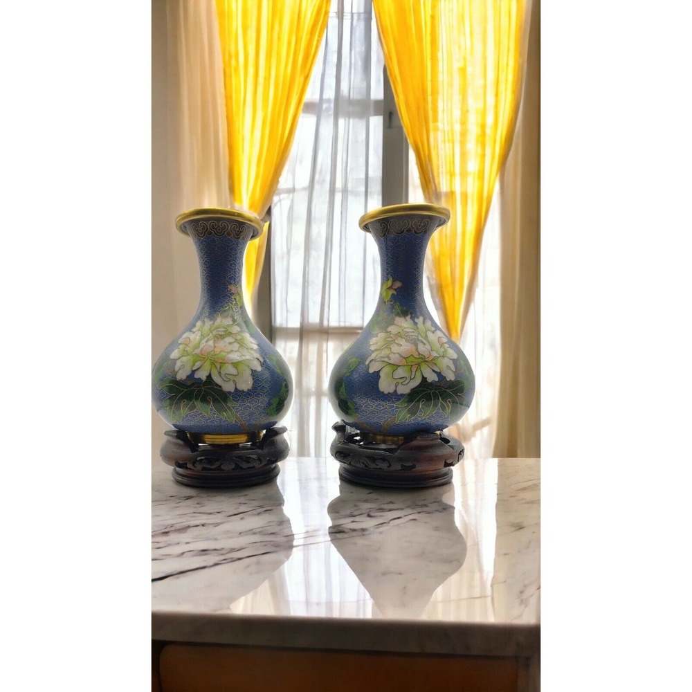 Vintage Small Chinese Cloisonne Blue Vases on Wooden Stands - Set of 2